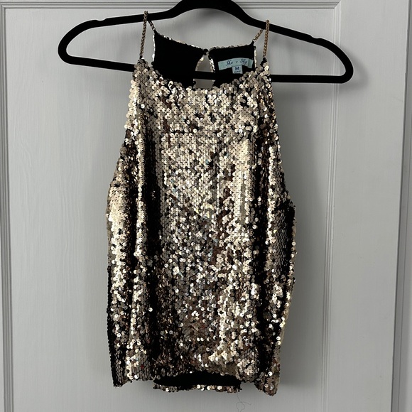 Gold Chain Spaghetti Strap Sequin Halter Top size M - Picture 1 of 6